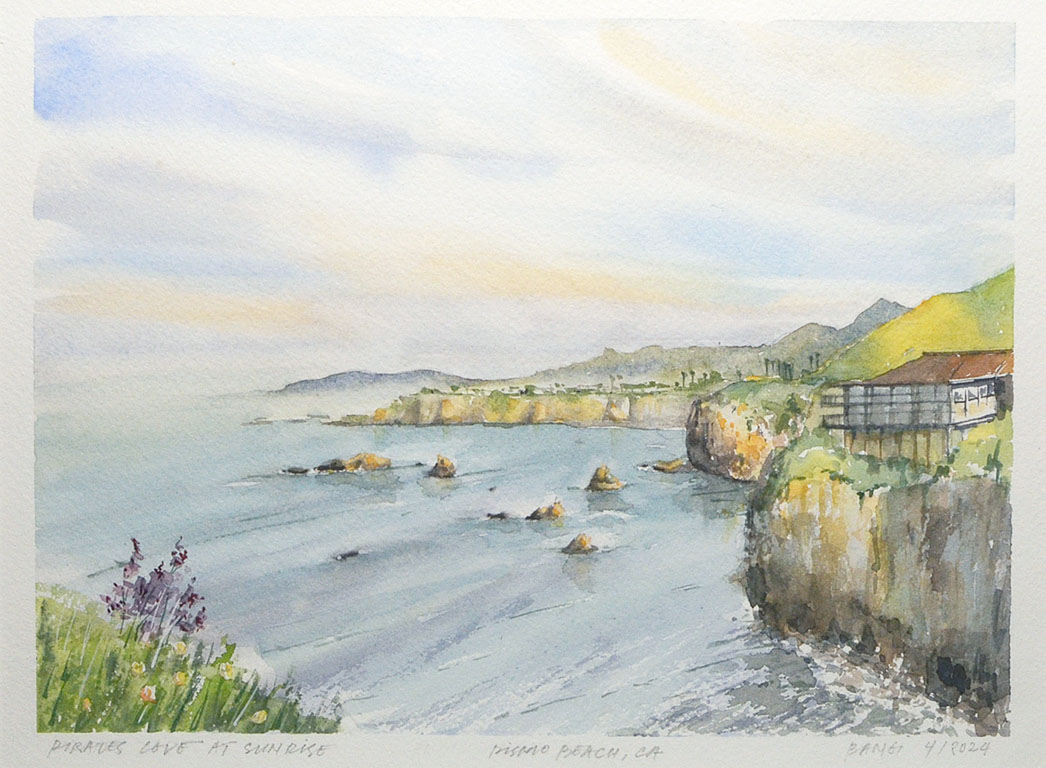 Pirates Cove at Sunrise – Pismo Beach, CA. Watercolor. 2024. 9 x 12 in. 