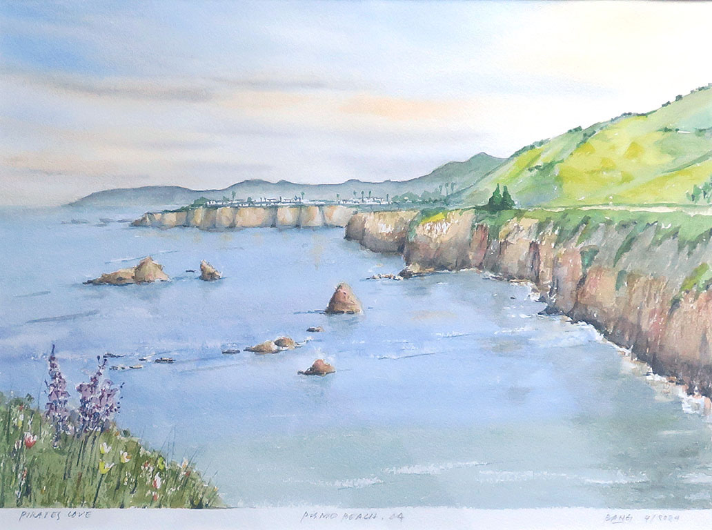 Pirates Cove at sunrise II – Pismo Beach, CA. 2024. Watercolor.  9 x 12 in.