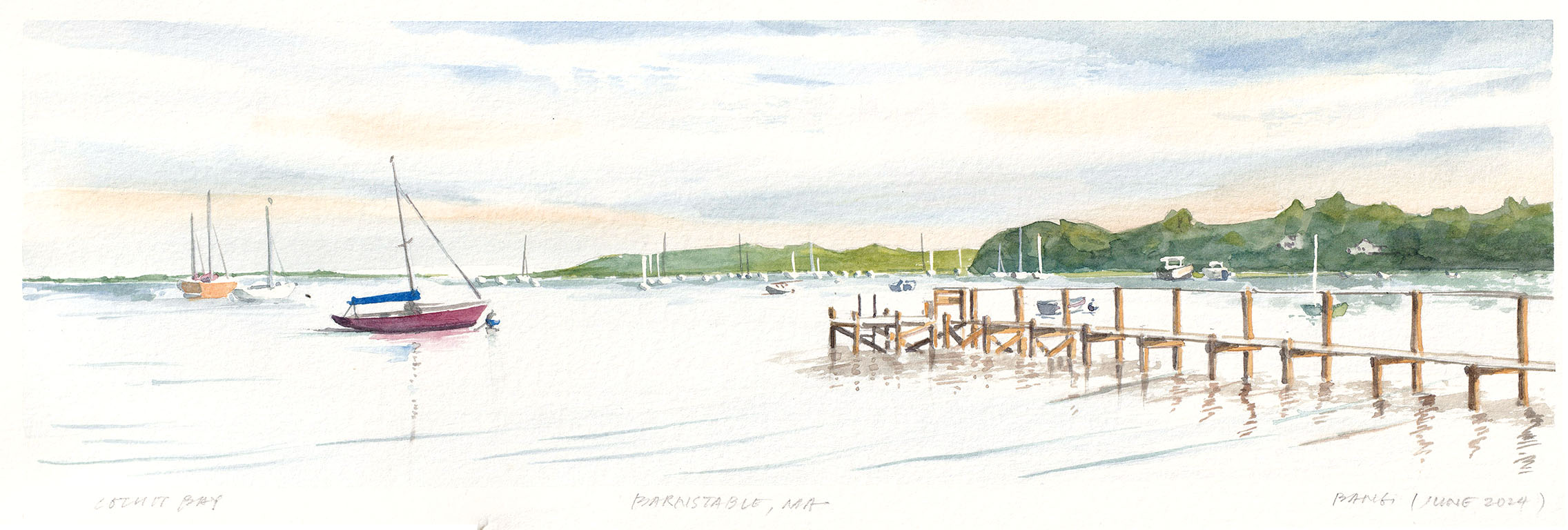 Cotuit Bay – Barnstable, MA. Watercolor. 2024. 6 x 18 in.